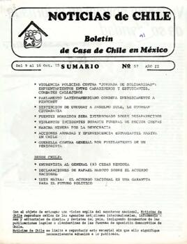 Noticias de Chile. N°57. Año II. Del 9 al 16 de octubre de 1985.