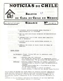 Noticias de Chile. N°194 Año IV. Del 29 de junio al 7 de julio 1988