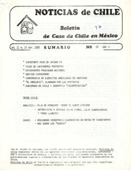 Noticias de Chile. N°62. Año II. Del 11 al 13 de noviembre de 1985.