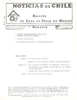 Noticias de Chile.N°137. Año III. Del 24 al 29 de abril de 1987.