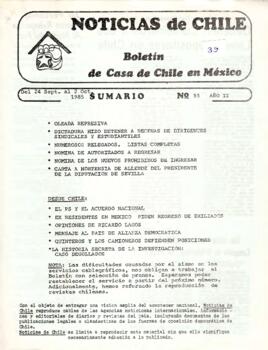 Noticias de Chile.  N°55. Año II. Del 24 de septiembre al 2 de octubre  de 1985.