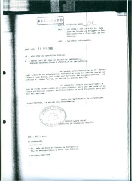 M.E.P.  Reservado N° 148. De Ministro de Educación Pública a Sr. Jefe de Zona en Estado de Emerge...