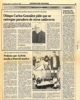 "Obispo Carlos González pide que se entregue paradero de otros cadáveres."
