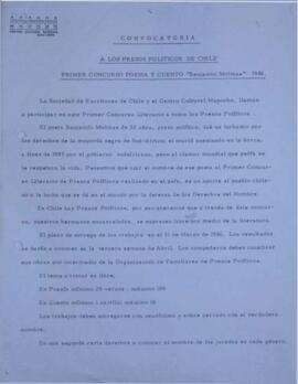 Convocatoria “A los presos políticos de Chile. Primer concurso de poesía y cuento “Benjamín Moloi...
