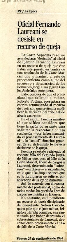 Oficial Fernando Lauriani se desiste en recurso de queja